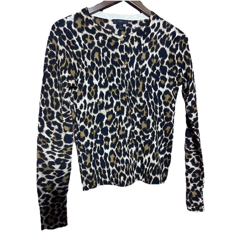 J Crew Women Size Small Merino Wool Cardigan Leopard Print Gold Button Preppy